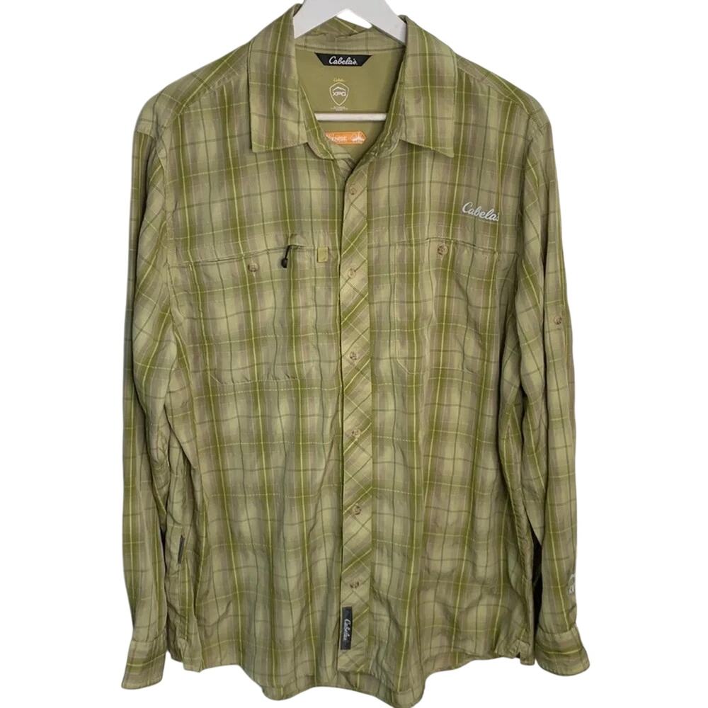 CABELA’S Insect Defense Green Plaid Outdoor Hiking Long-Sleeve Shirt M-099 Sz L